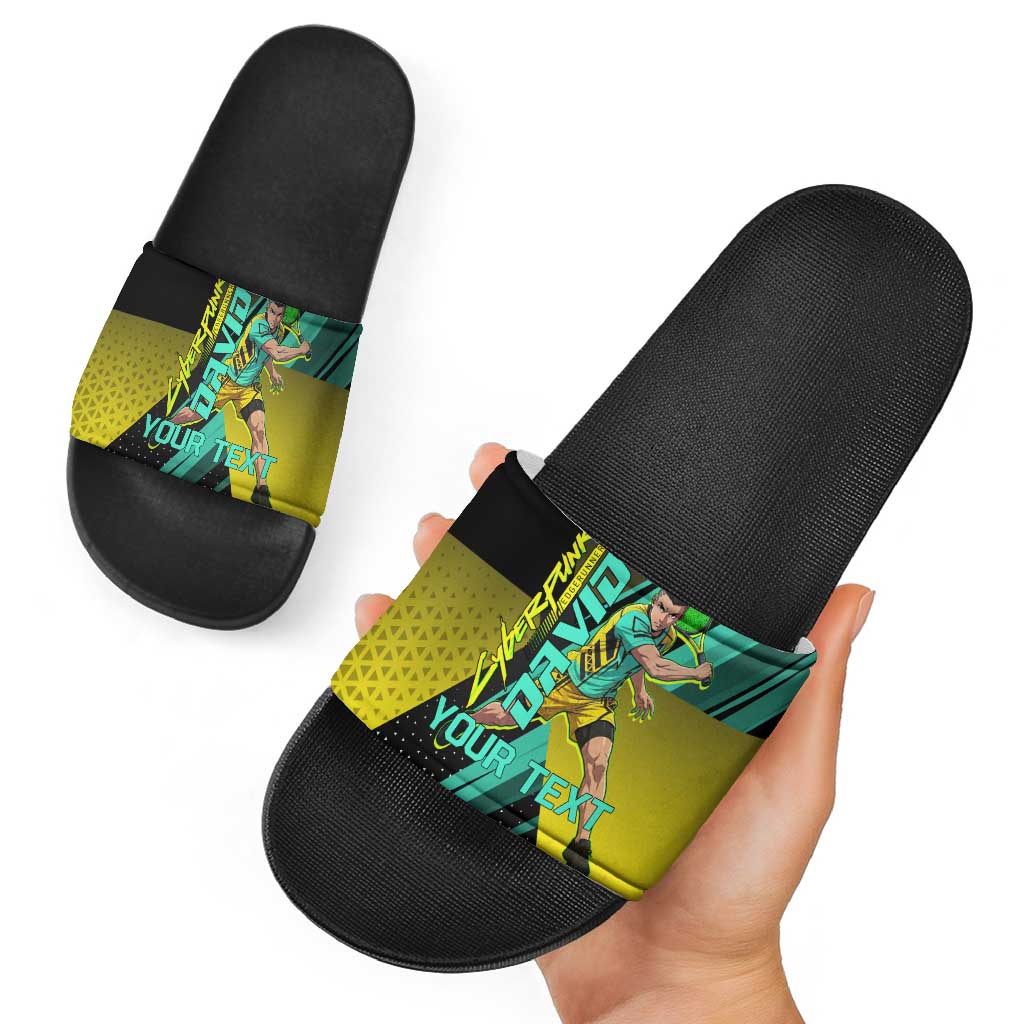 Personalized David Tennis Design Slide Sandals with a Cyberpunk Theme, Edgerunners Features Neon Green and Yellow Styling and a Powerful Pose