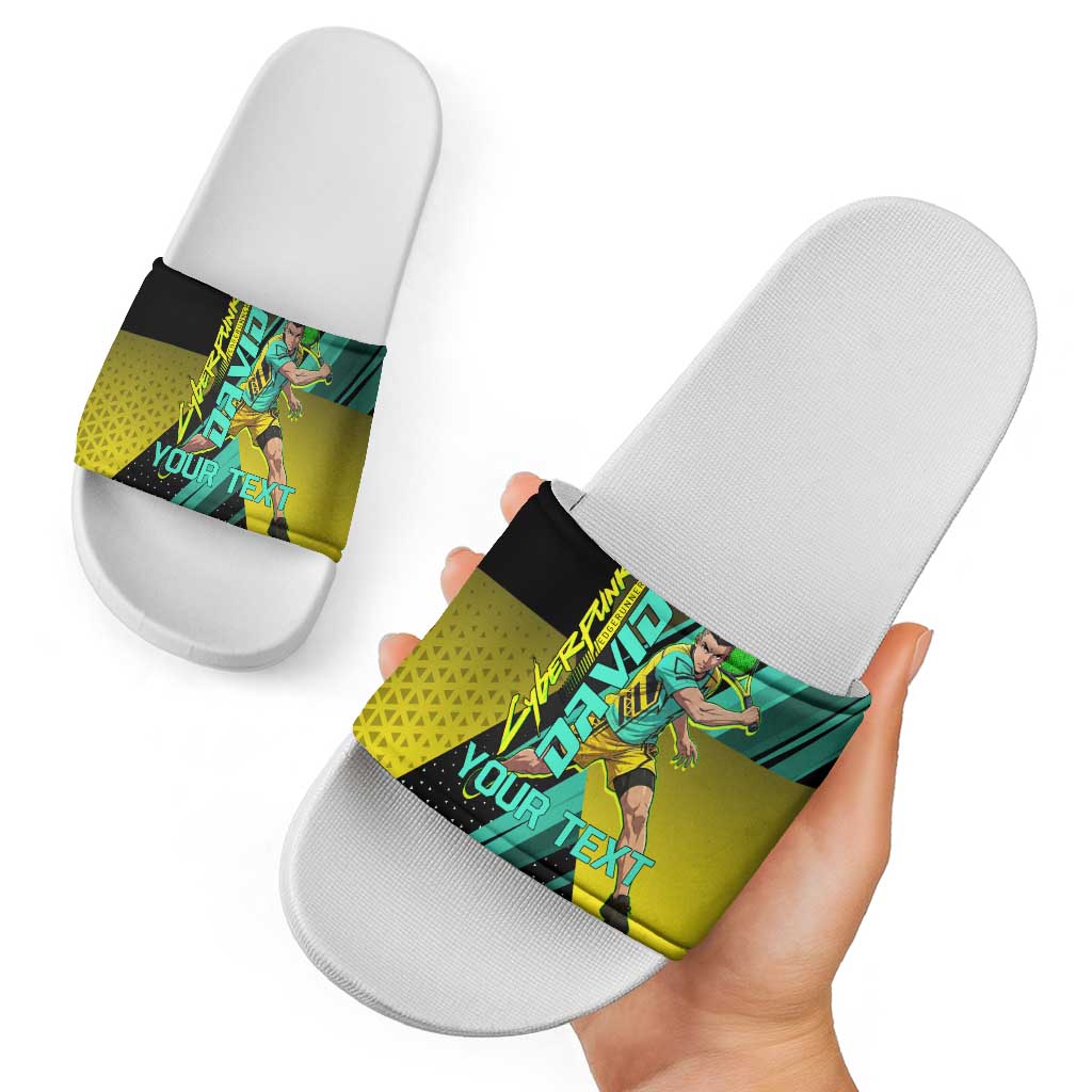 Personalized David Tennis Design Slide Sandals with a Cyberpunk Theme, Edgerunners Features Neon Green and Yellow Styling and a Powerful Pose