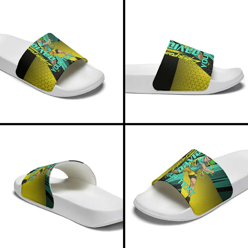 Personalized David Tennis Design Slide Sandals with a Cyberpunk Theme, Edgerunners Features Neon Green and Yellow Styling and a Powerful Pose