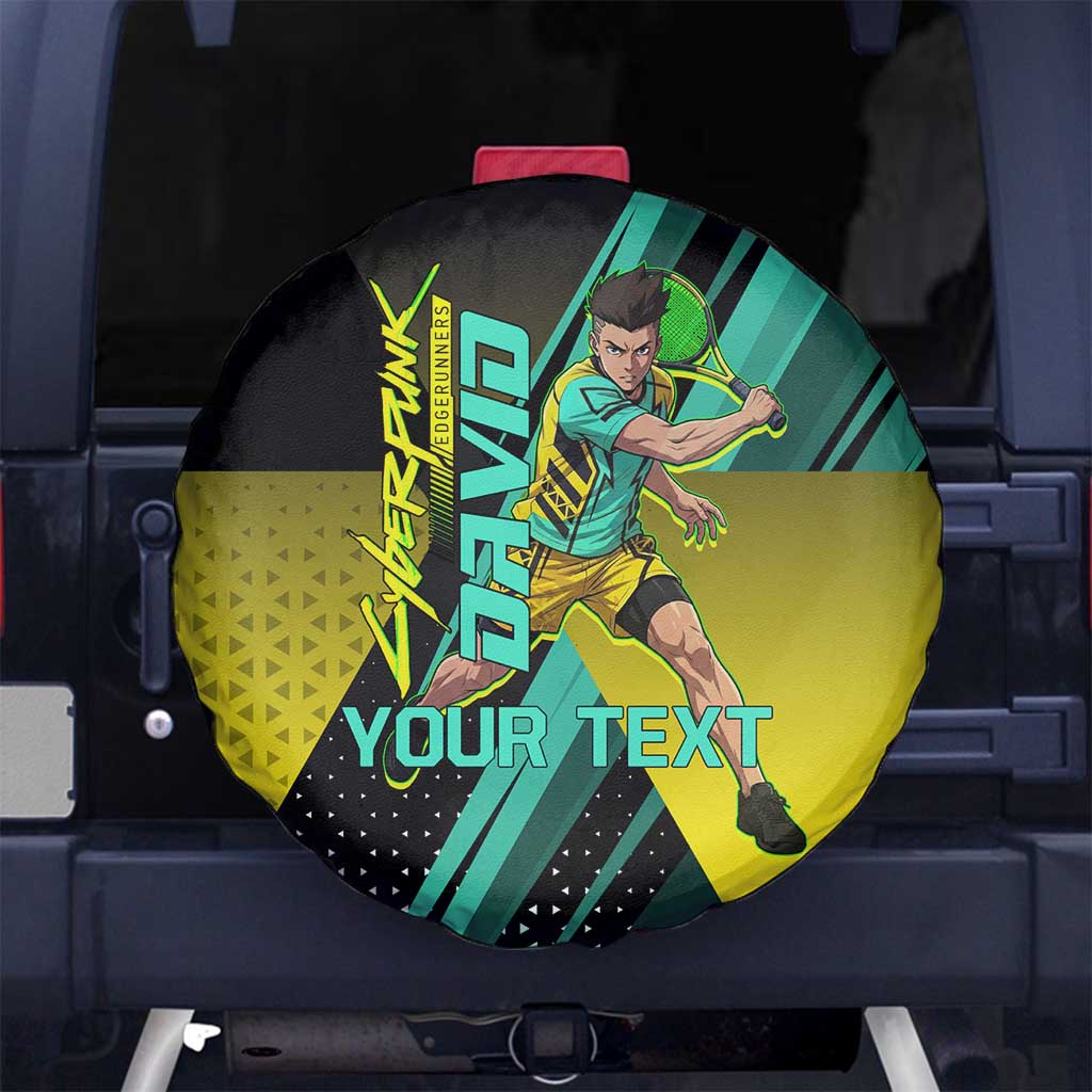 Personalized David Tennis Design Spare Tire Cover with a Cyberpunk Theme, Edgerunners Features Neon Green and Yellow Styling and a Powerful Pose