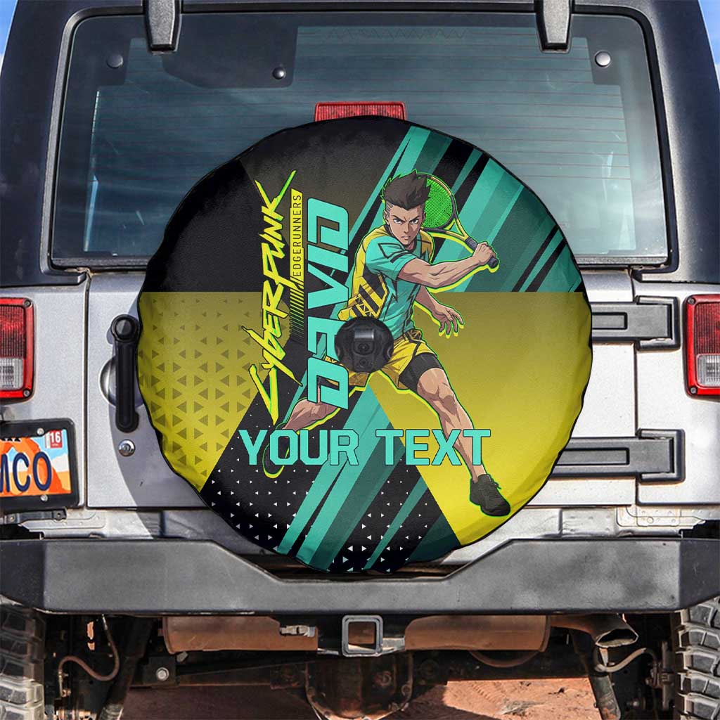 Personalized David Tennis Design Spare Tire Cover with a Cyberpunk Theme, Edgerunners Features Neon Green and Yellow Styling and a Powerful Pose
