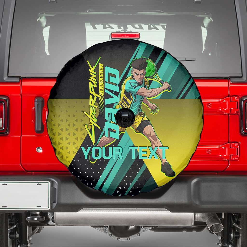 Personalized David Tennis Design Spare Tire Cover with a Cyberpunk Theme, Edgerunners Features Neon Green and Yellow Styling and a Powerful Pose