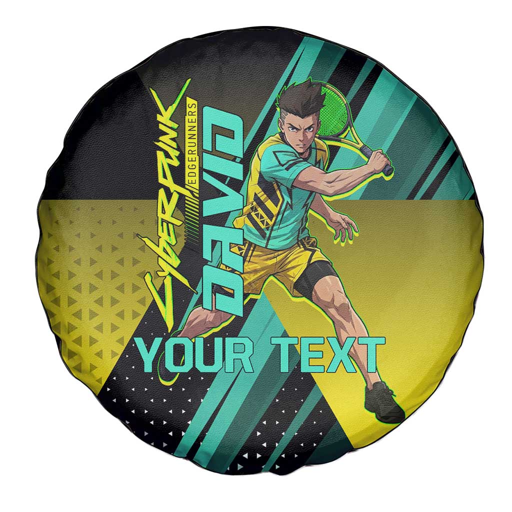 Personalized David Tennis Design Spare Tire Cover with a Cyberpunk Theme, Edgerunners Features Neon Green and Yellow Styling and a Powerful Pose