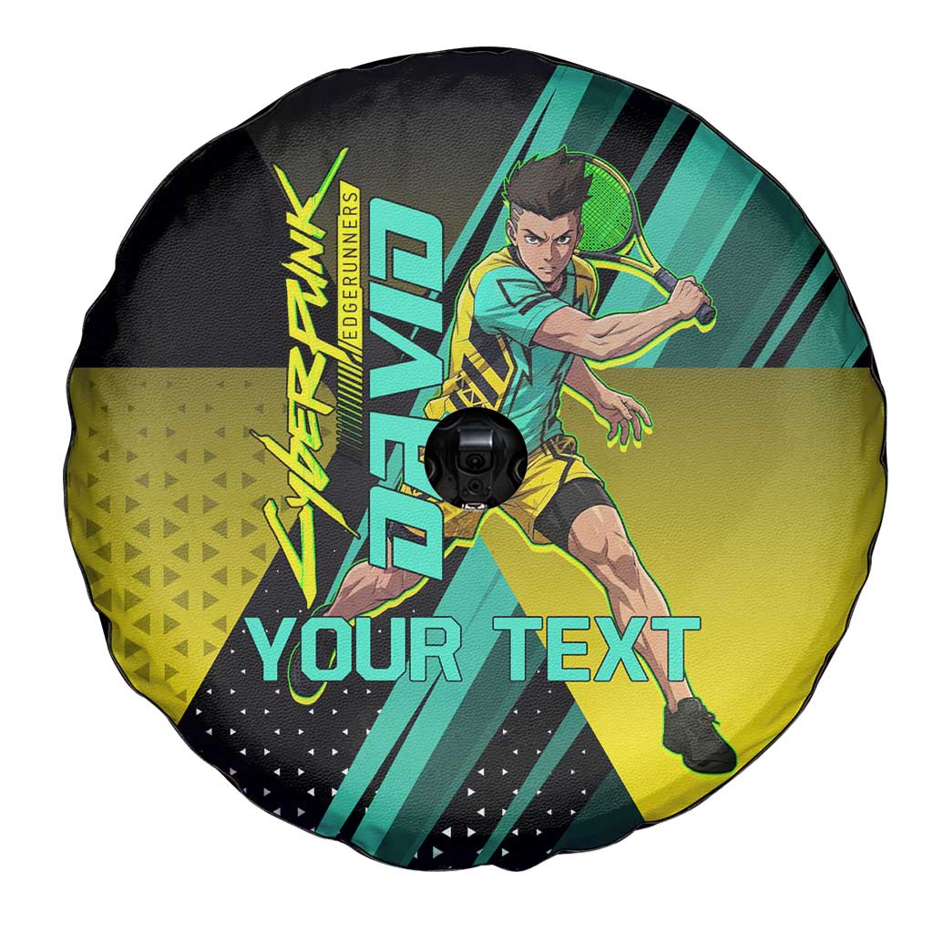 Personalized David Tennis Design Spare Tire Cover with a Cyberpunk Theme, Edgerunners Features Neon Green and Yellow Styling and a Powerful Pose