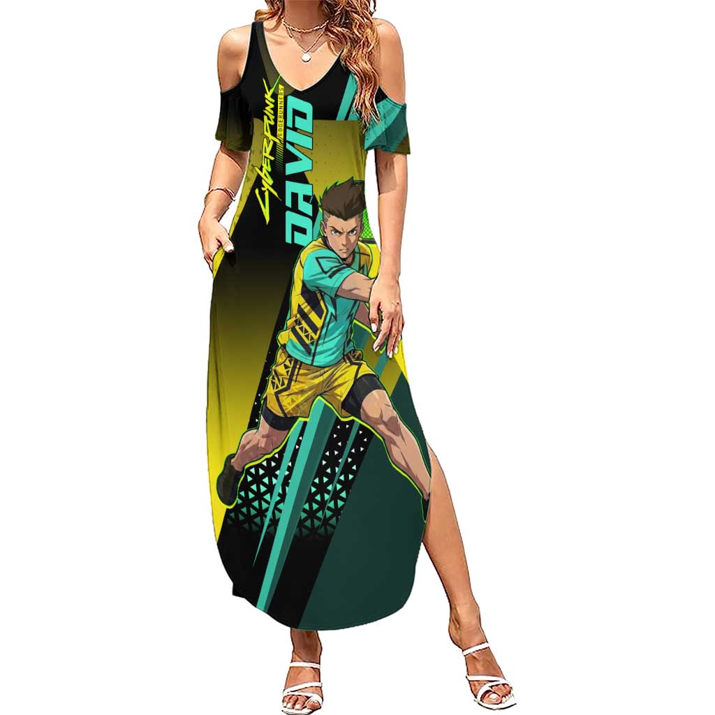 Personalized David Tennis Design Summer Maxi Dress with a Cyberpunk Theme, Edgerunners Features Neon Green and Yellow Styling and a Powerful Pose