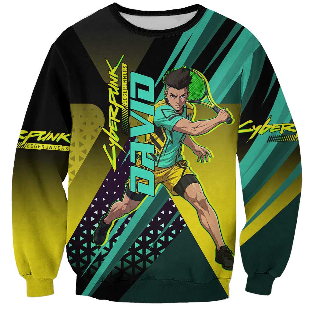 Personalized David Tennis Design Sweatshirt with a Cyberpunk Theme, Edgerunners Features Neon Green and Yellow Styling and a Powerful Pose