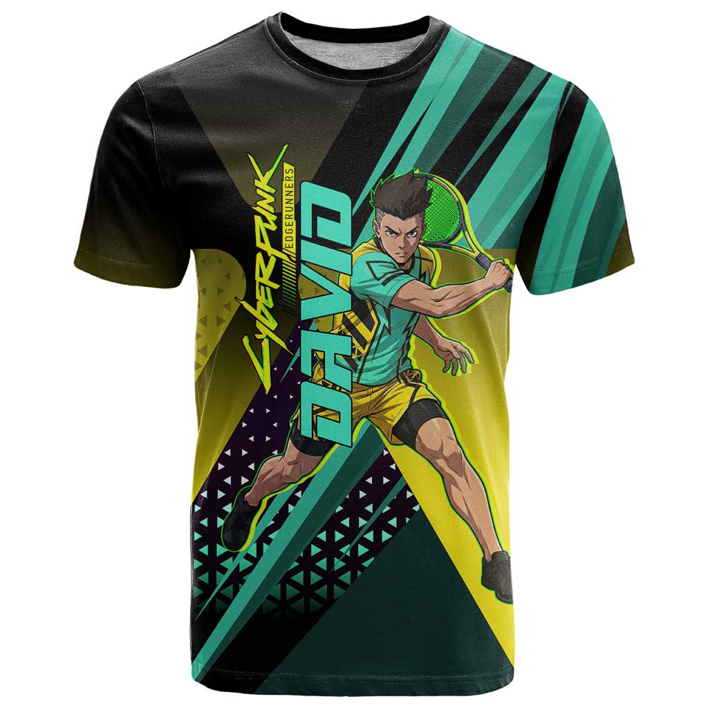 Personalized David Tennis Design T Shirt with a Cyberpunk Theme, Edgerunners Features Neon Green and Yellow Styling and a Powerful Pose