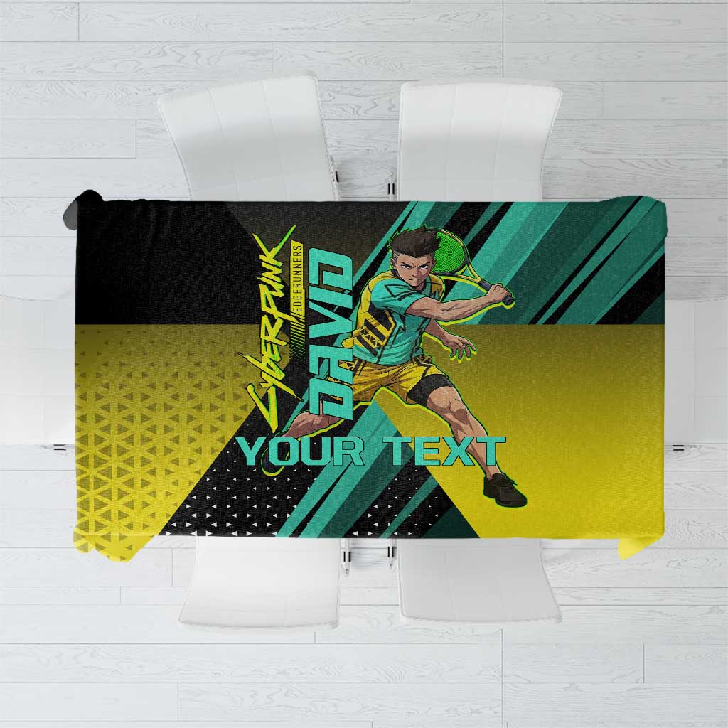 Personalized David Tennis Design Tablecloth with a Cyberpunk Theme, Edgerunners Features Neon Green and Yellow Styling and a Powerful Pose