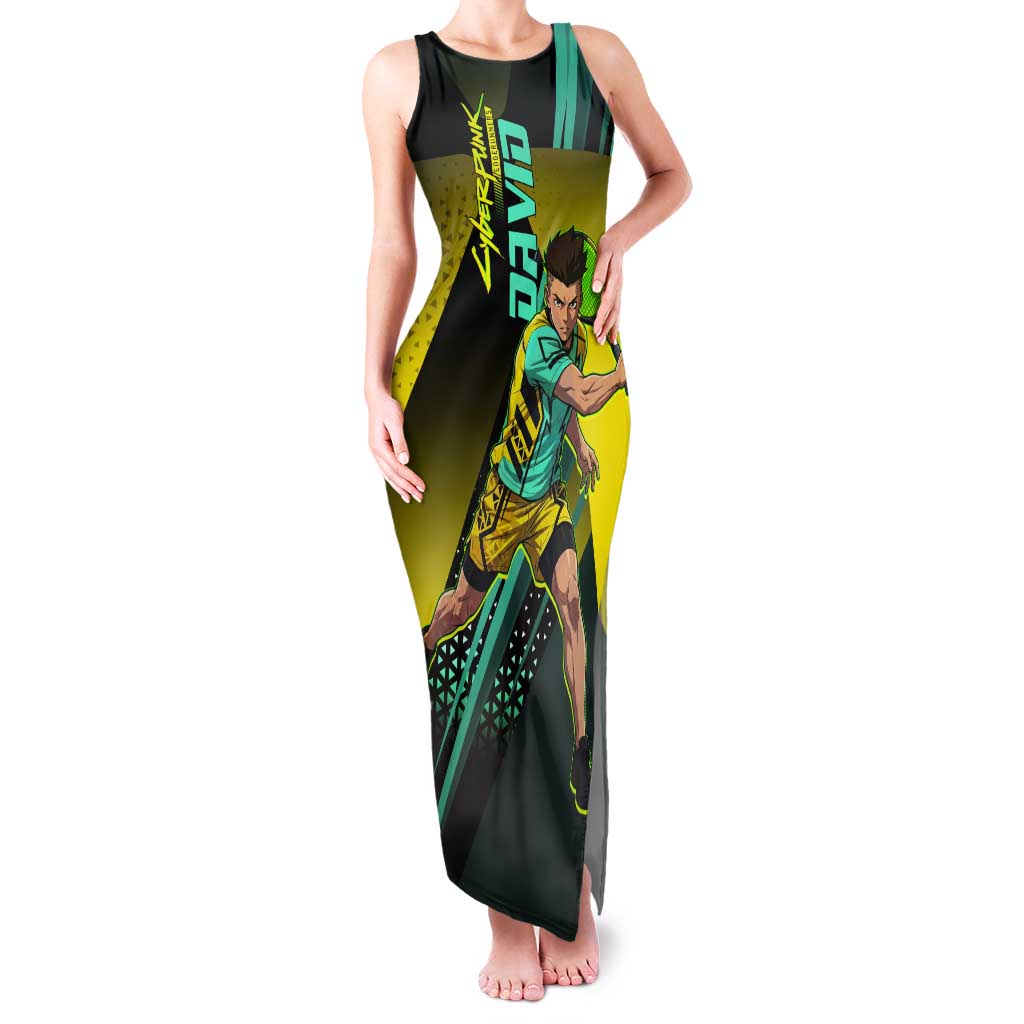 Personalized David Tennis Design Tank Maxi Dress with a Cyberpunk Theme, Edgerunners Features Neon Green and Yellow Styling and a Powerful Pose