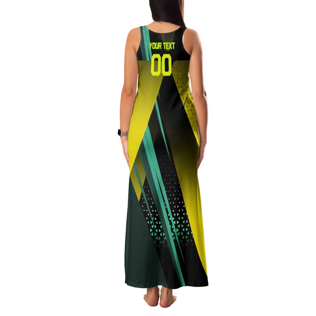 Personalized David Tennis Design Tank Maxi Dress with a Cyberpunk Theme, Edgerunners Features Neon Green and Yellow Styling and a Powerful Pose