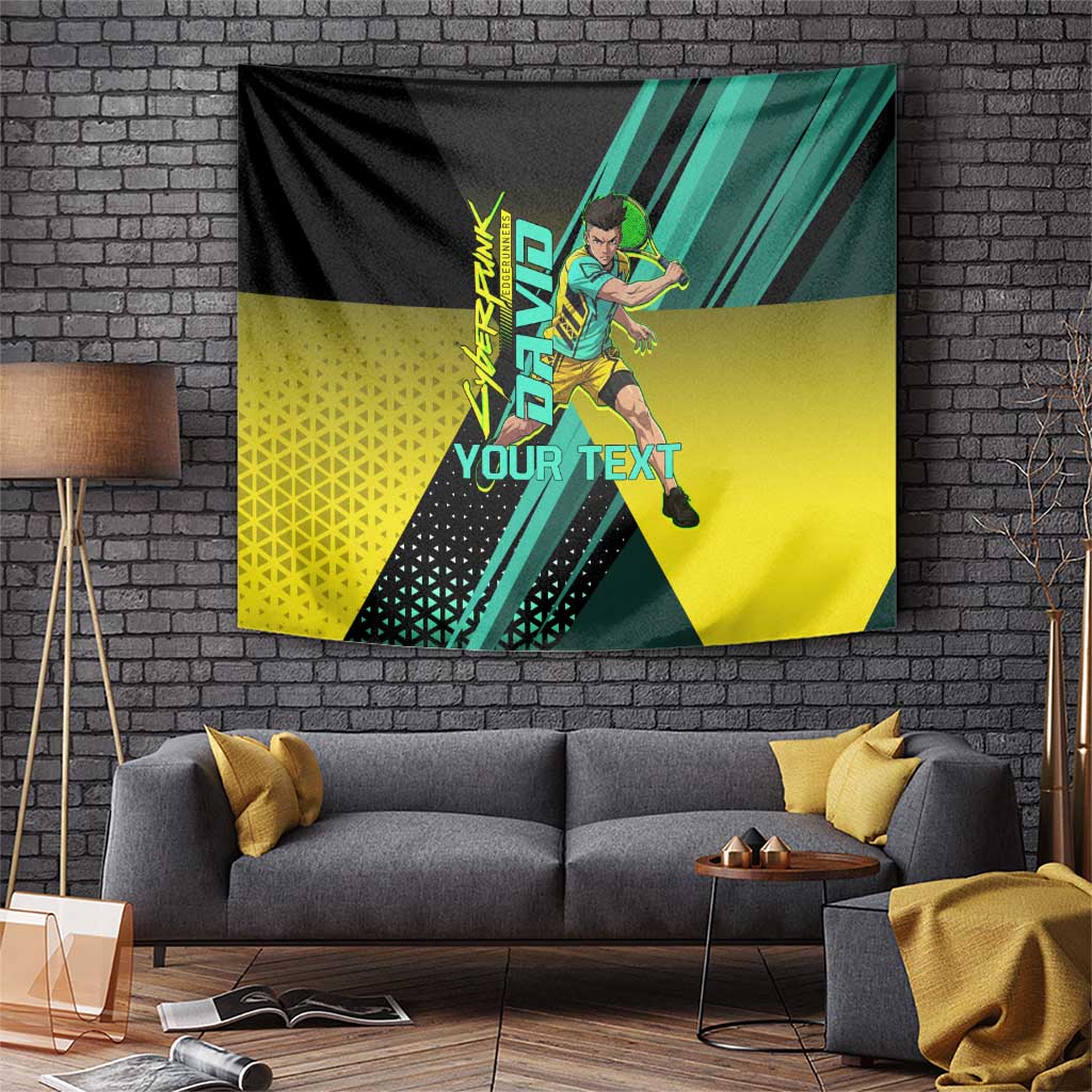 Personalized David Tennis Design Tapestry with a Cyberpunk Theme, Edgerunners Features Neon Green and Yellow Styling and a Powerful Pose