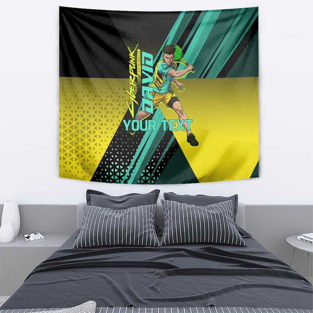 Personalized David Tennis Design Tapestry with a Cyberpunk Theme, Edgerunners Features Neon Green and Yellow Styling and a Powerful Pose