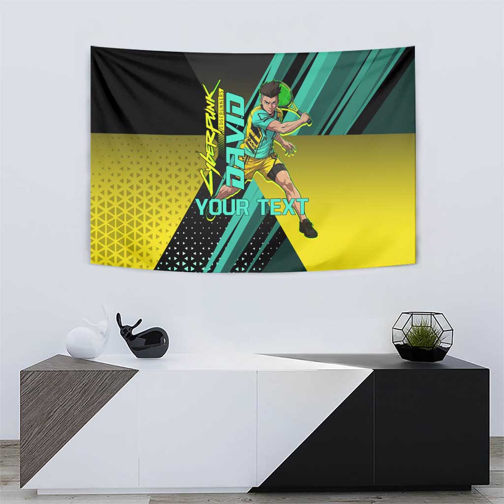 Personalized David Tennis Design Tapestry with a Cyberpunk Theme, Edgerunners Features Neon Green and Yellow Styling and a Powerful Pose