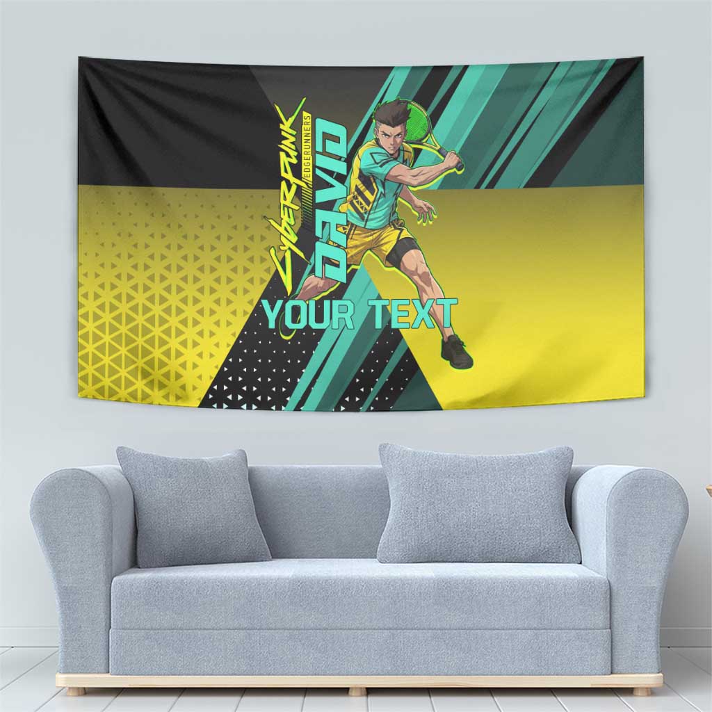 Personalized David Tennis Design Tapestry with a Cyberpunk Theme, Edgerunners Features Neon Green and Yellow Styling and a Powerful Pose
