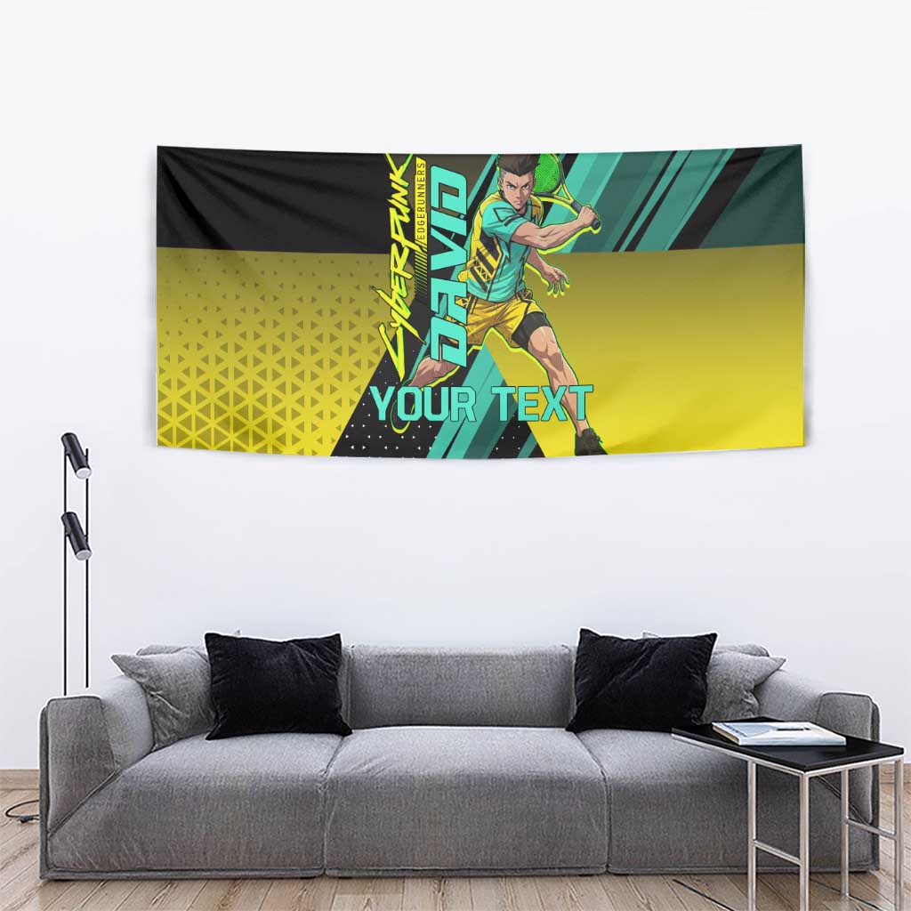 Personalized David Tennis Design Tapestry with a Cyberpunk Theme, Edgerunners Features Neon Green and Yellow Styling and a Powerful Pose