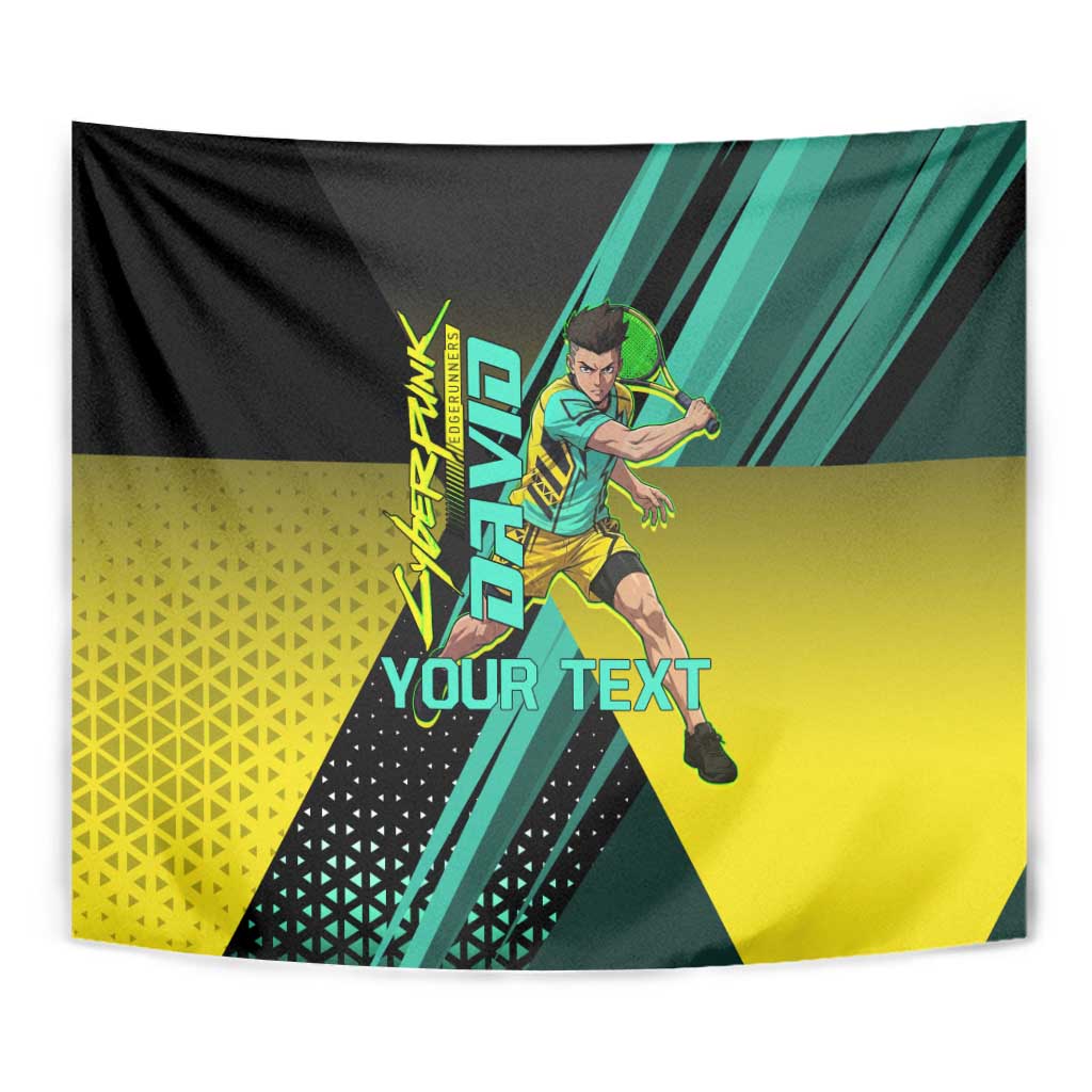 Personalized David Tennis Design Tapestry with a Cyberpunk Theme, Edgerunners Features Neon Green and Yellow Styling and a Powerful Pose