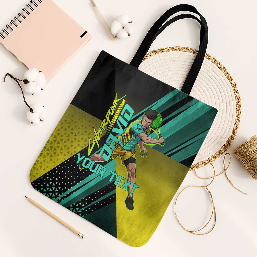 Personalized David Tennis Design Tote Bag with a Cyberpunk Theme, Edgerunners Features Neon Green and Yellow Styling and a Powerful Pose