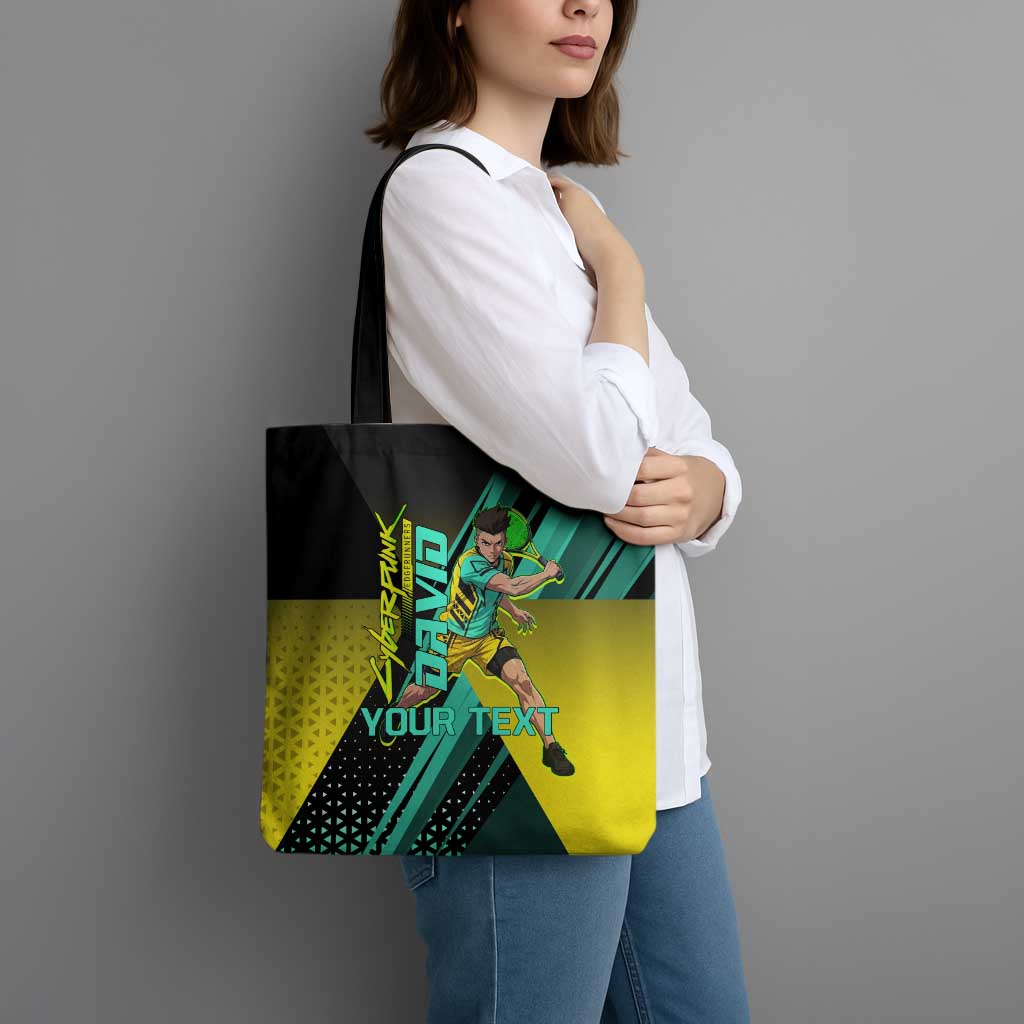 Personalized David Tennis Design Tote Bag with a Cyberpunk Theme, Edgerunners Features Neon Green and Yellow Styling and a Powerful Pose