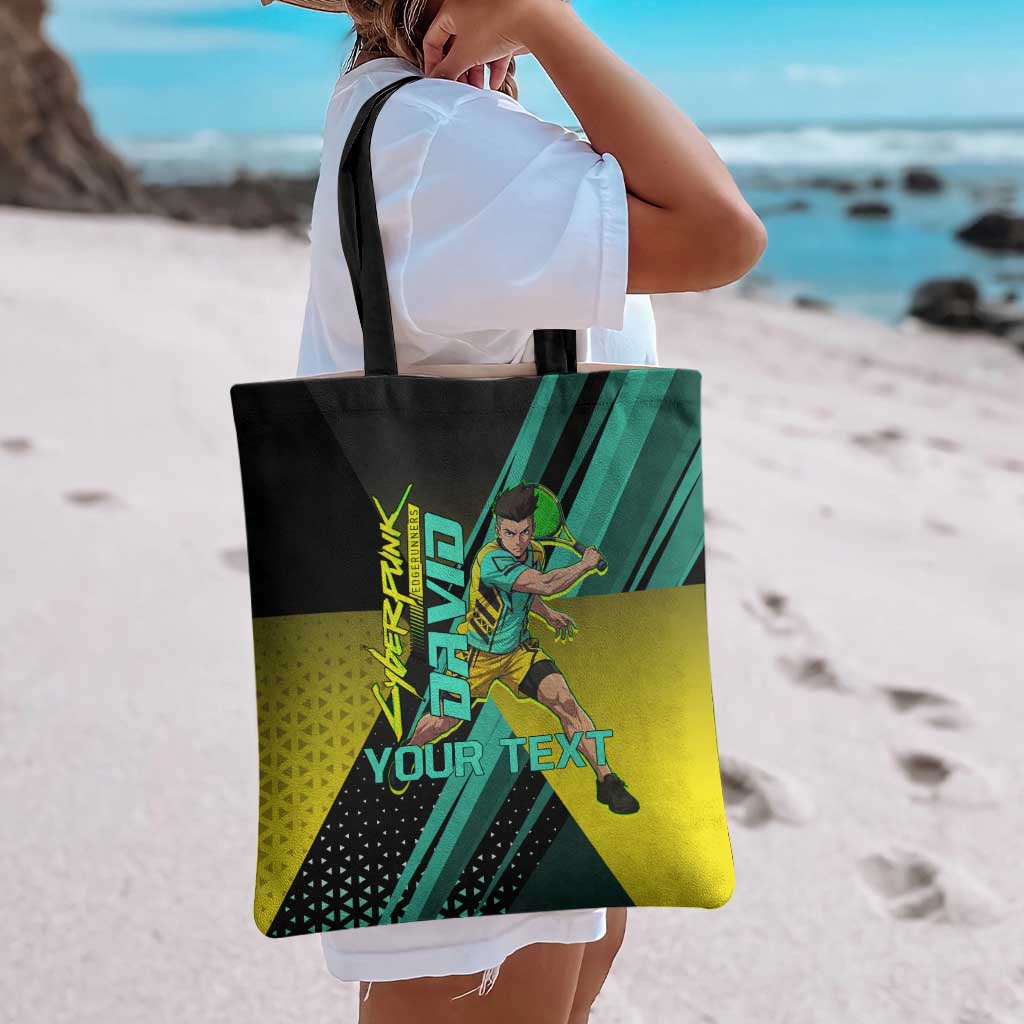 Personalized David Tennis Design Tote Bag with a Cyberpunk Theme, Edgerunners Features Neon Green and Yellow Styling and a Powerful Pose