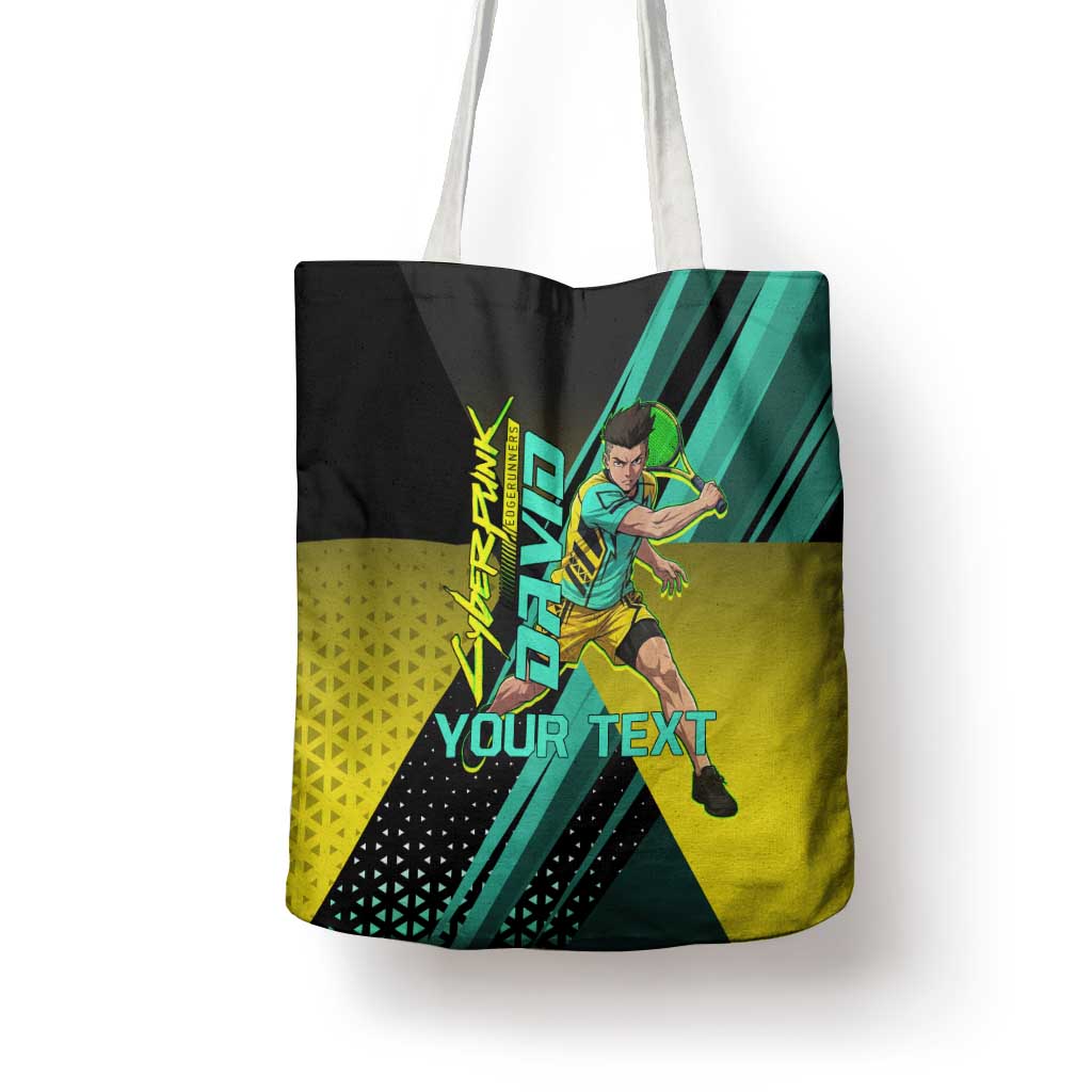 Personalized David Tennis Design Tote Bag with a Cyberpunk Theme, Edgerunners Features Neon Green and Yellow Styling and a Powerful Pose