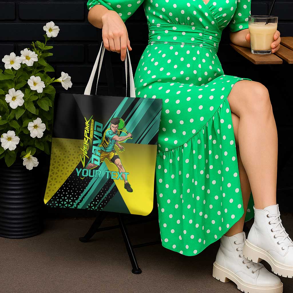 Personalized David Tennis Design Tote Bag with a Cyberpunk Theme, Edgerunners Features Neon Green and Yellow Styling and a Powerful Pose