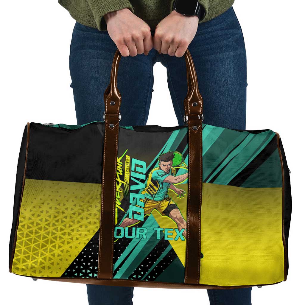 Personalized David Tennis Design Travel Bag with a Cyberpunk Theme, Edgerunners Features Neon Green and Yellow Styling and a Powerful Pose
