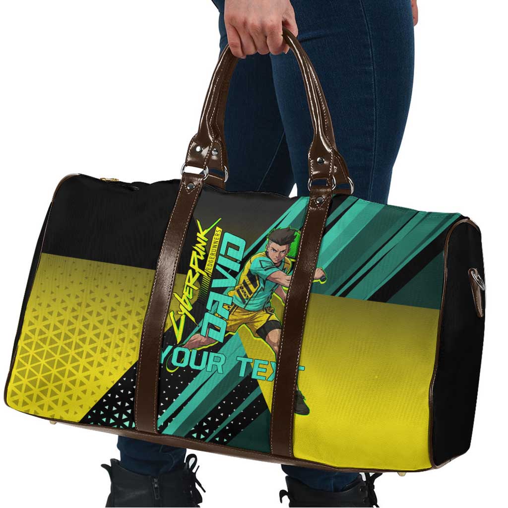 Personalized David Tennis Design Travel Bag with a Cyberpunk Theme, Edgerunners Features Neon Green and Yellow Styling and a Powerful Pose