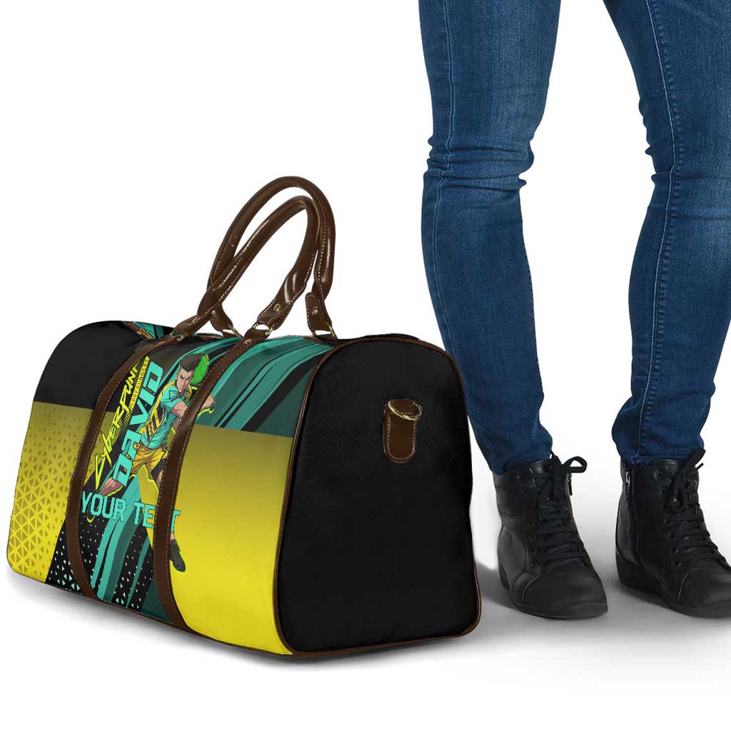 Personalized David Tennis Design Travel Bag with a Cyberpunk Theme, Edgerunners Features Neon Green and Yellow Styling and a Powerful Pose
