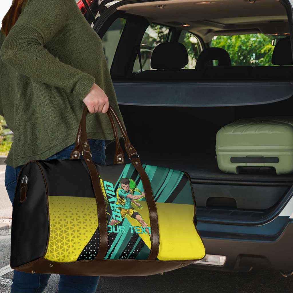 Personalized David Tennis Design Travel Bag with a Cyberpunk Theme, Edgerunners Features Neon Green and Yellow Styling and a Powerful Pose