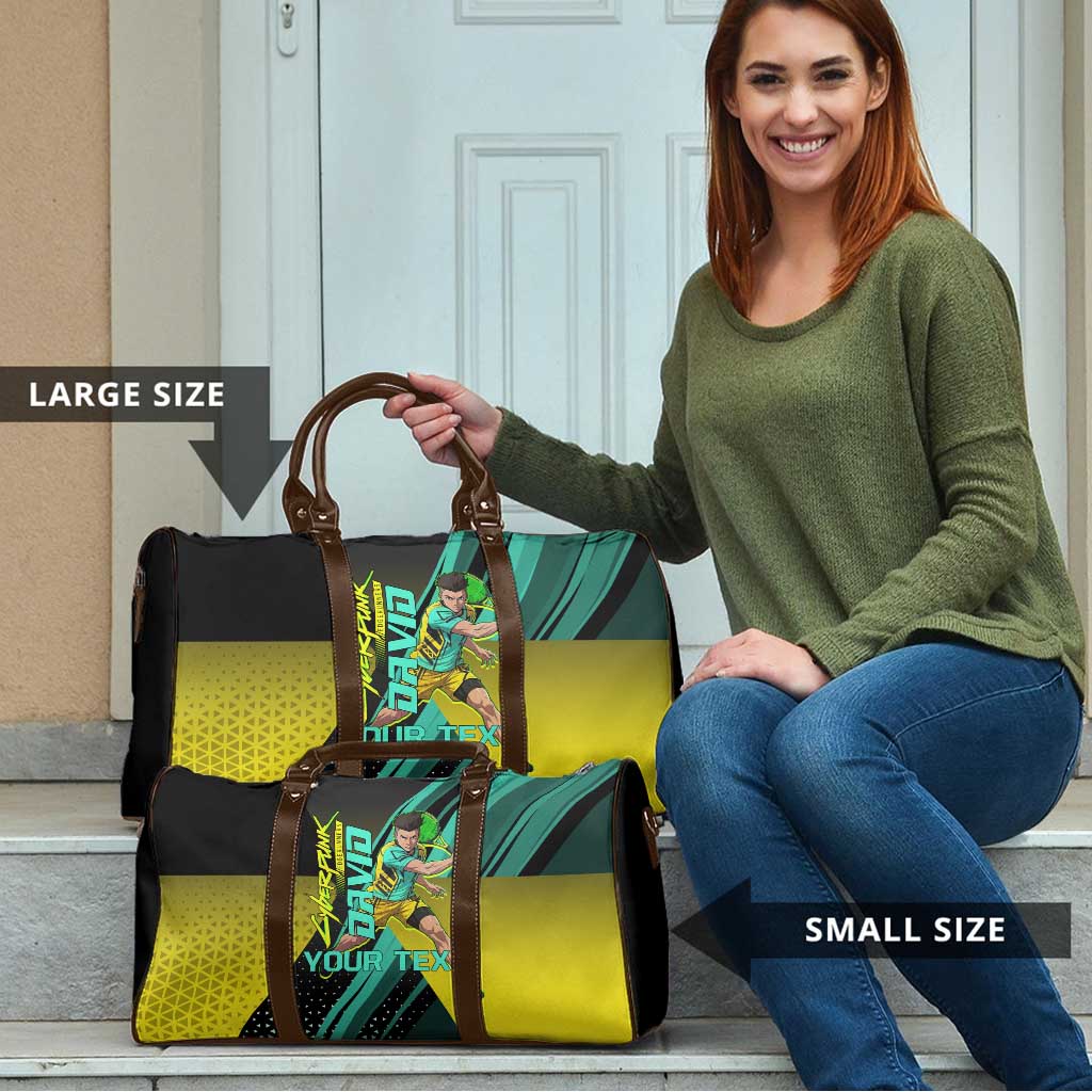 Personalized David Tennis Design Travel Bag with a Cyberpunk Theme, Edgerunners Features Neon Green and Yellow Styling and a Powerful Pose