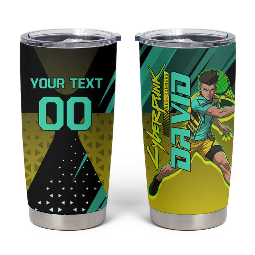 Personalized David Tennis Design Tumbler Cup with a Cyberpunk Theme, Edgerunners Features Neon Green and Yellow Styling and a Powerful Pose