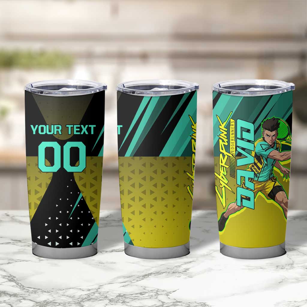 Personalized David Tennis Design Tumbler Cup with a Cyberpunk Theme, Edgerunners Features Neon Green and Yellow Styling and a Powerful Pose