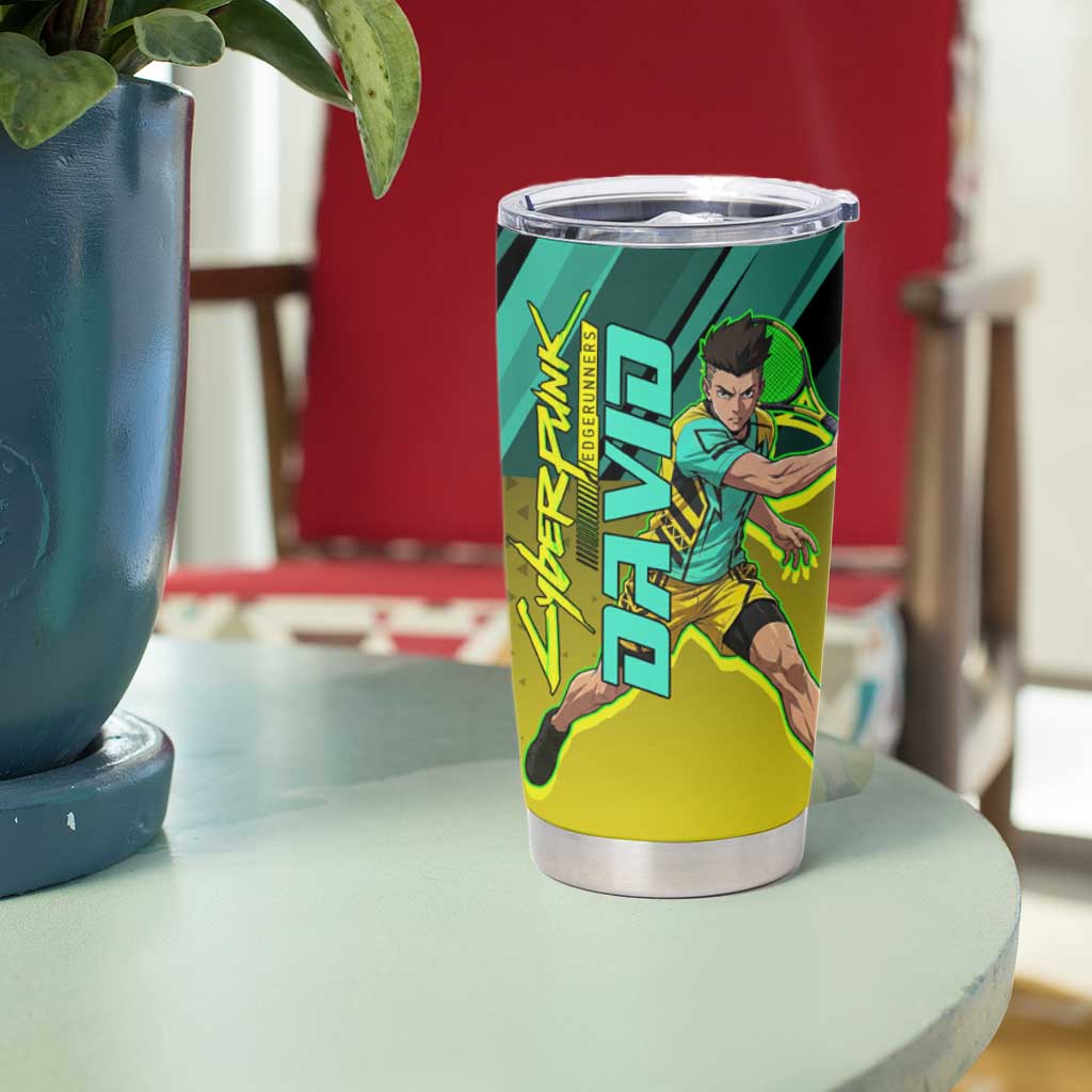 Personalized David Tennis Design Tumbler Cup with a Cyberpunk Theme, Edgerunners Features Neon Green and Yellow Styling and a Powerful Pose
