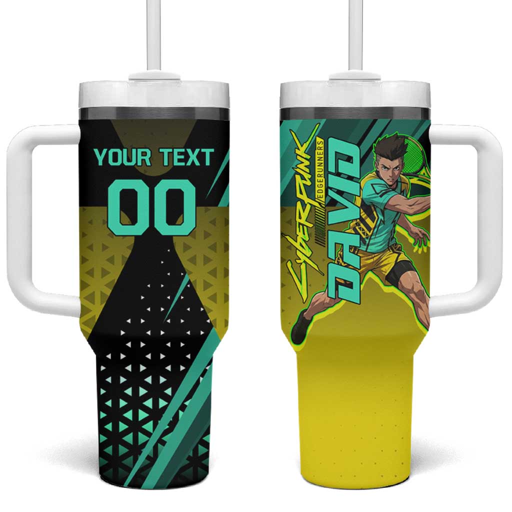 Personalized David Tennis Design Tumbler With Handle with a Cyberpunk Theme, Edgerunners Features Neon Green and Yellow Styling and a Powerful Pose