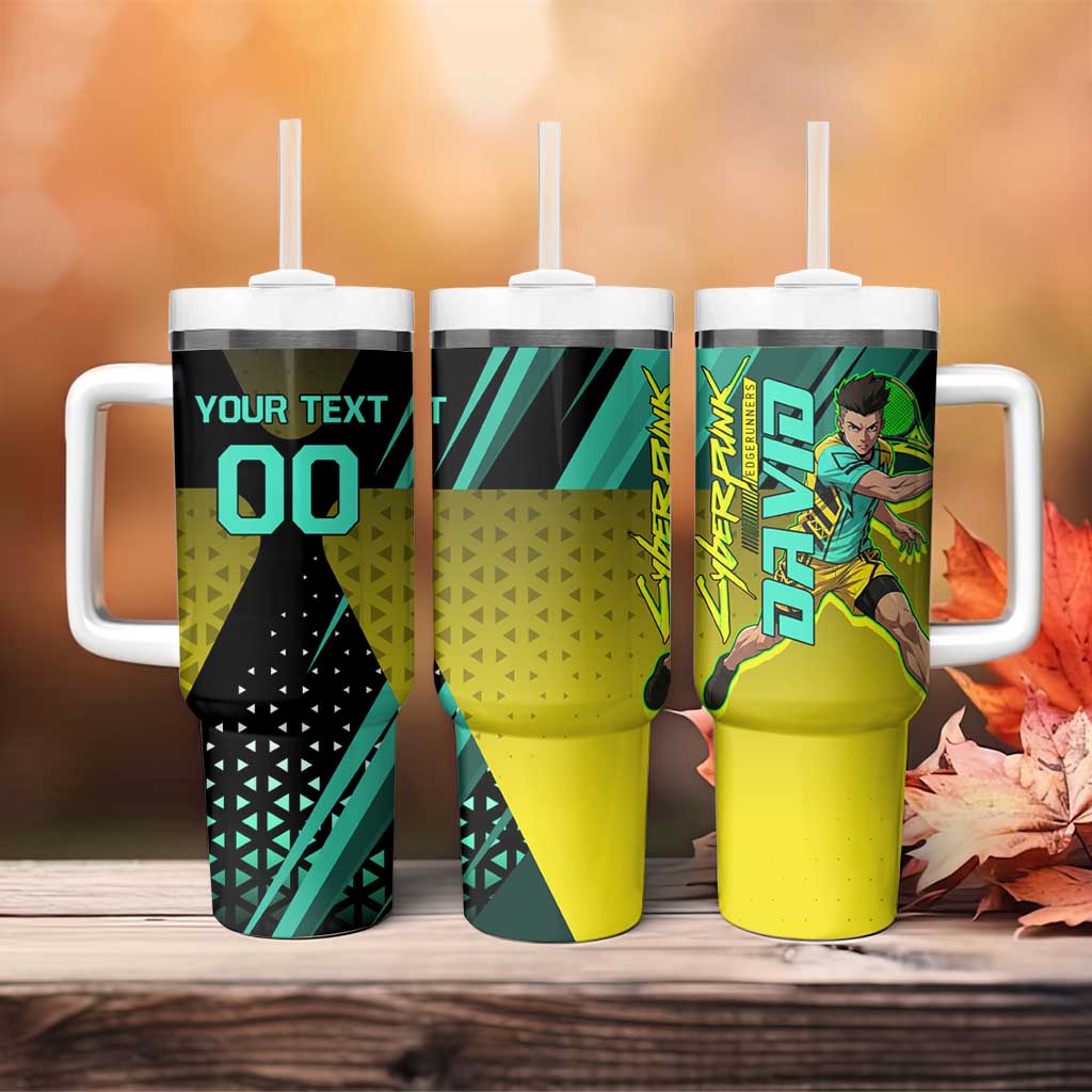 Personalized David Tennis Design Tumbler With Handle with a Cyberpunk Theme, Edgerunners Features Neon Green and Yellow Styling and a Powerful Pose