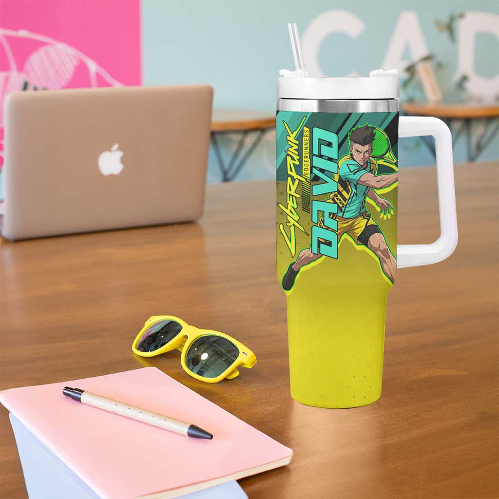 Personalized David Tennis Design Tumbler With Handle with a Cyberpunk Theme, Edgerunners Features Neon Green and Yellow Styling and a Powerful Pose