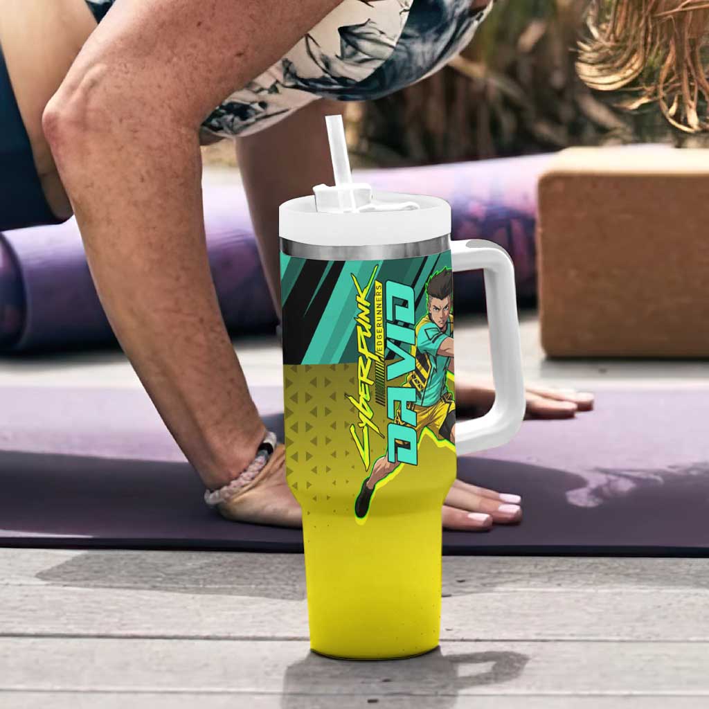 Personalized David Tennis Design Tumbler With Handle with a Cyberpunk Theme, Edgerunners Features Neon Green and Yellow Styling and a Powerful Pose