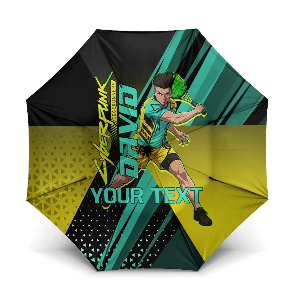 Personalized David Tennis Design Umbrella with a Cyberpunk Theme, Edgerunners Features Neon Green and Yellow Styling and a Powerful Pose