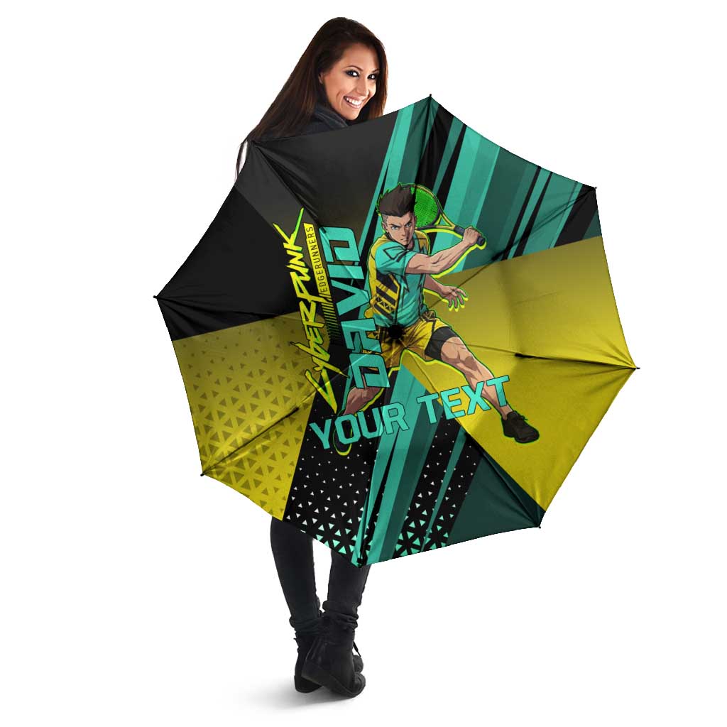 Personalized David Tennis Design Umbrella with a Cyberpunk Theme, Edgerunners Features Neon Green and Yellow Styling and a Powerful Pose