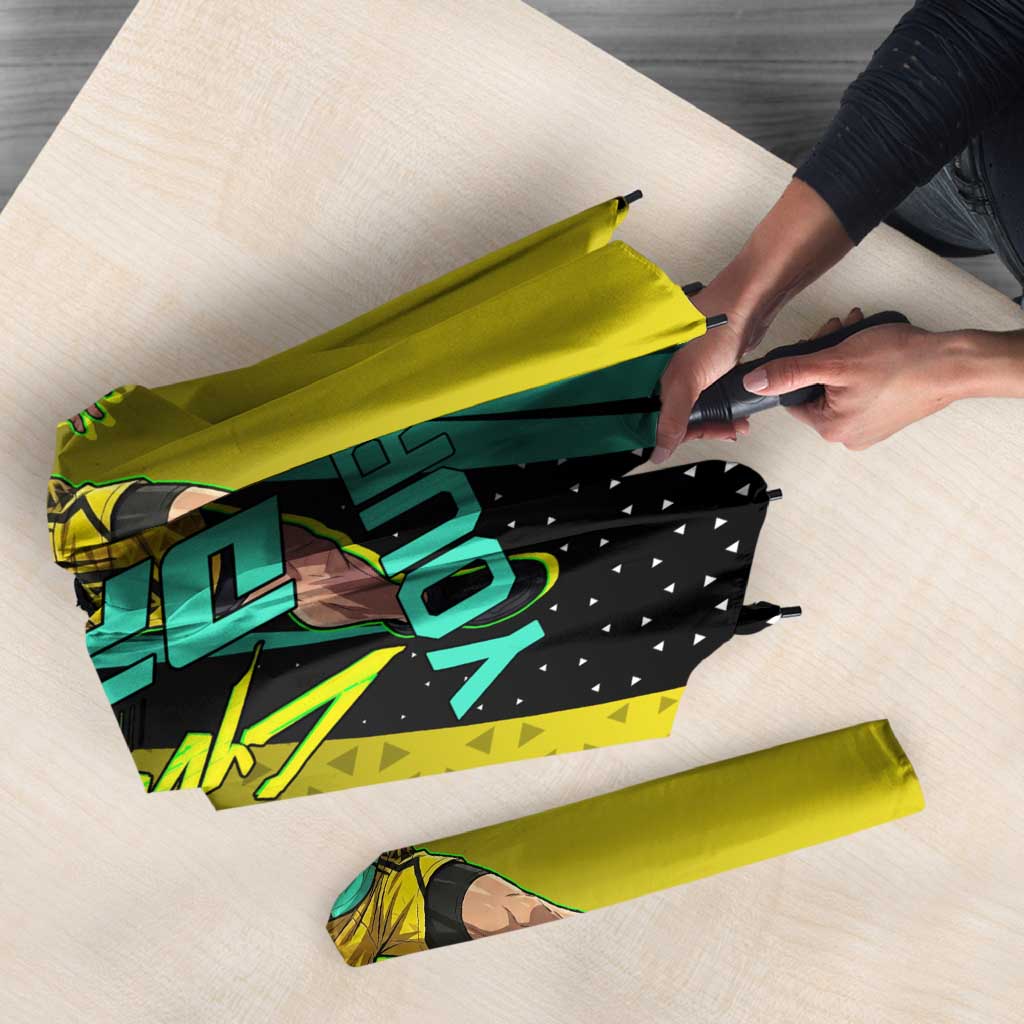Personalized David Tennis Design Umbrella with a Cyberpunk Theme, Edgerunners Features Neon Green and Yellow Styling and a Powerful Pose