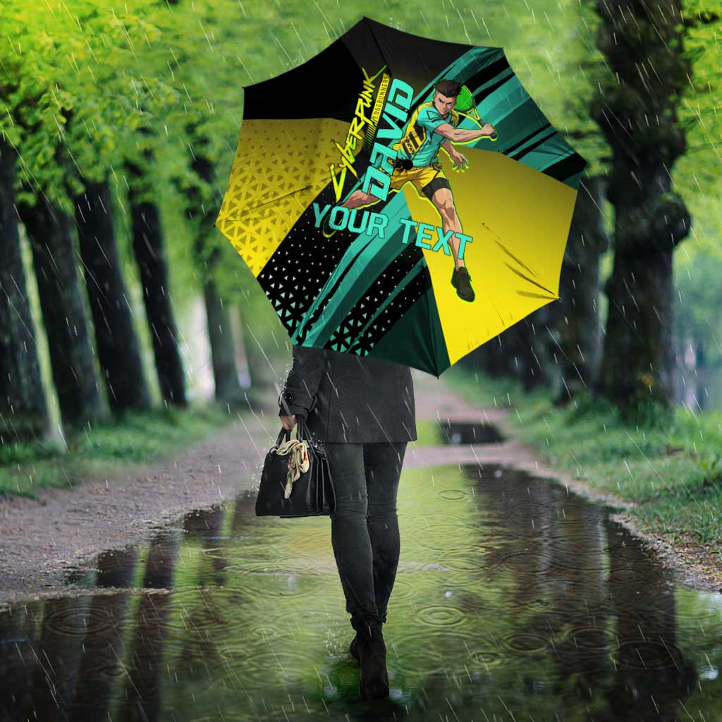 Personalized David Tennis Design Umbrella with a Cyberpunk Theme, Edgerunners Features Neon Green and Yellow Styling and a Powerful Pose