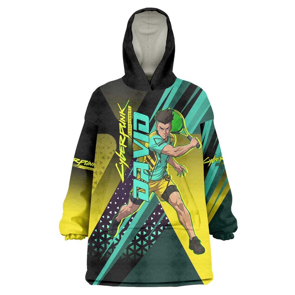 Personalized David Tennis Design Wearable Blanket Hoodie with a Cyberpunk Theme, Edgerunners Features Neon Green and Yellow Styling and a Powerful Pose