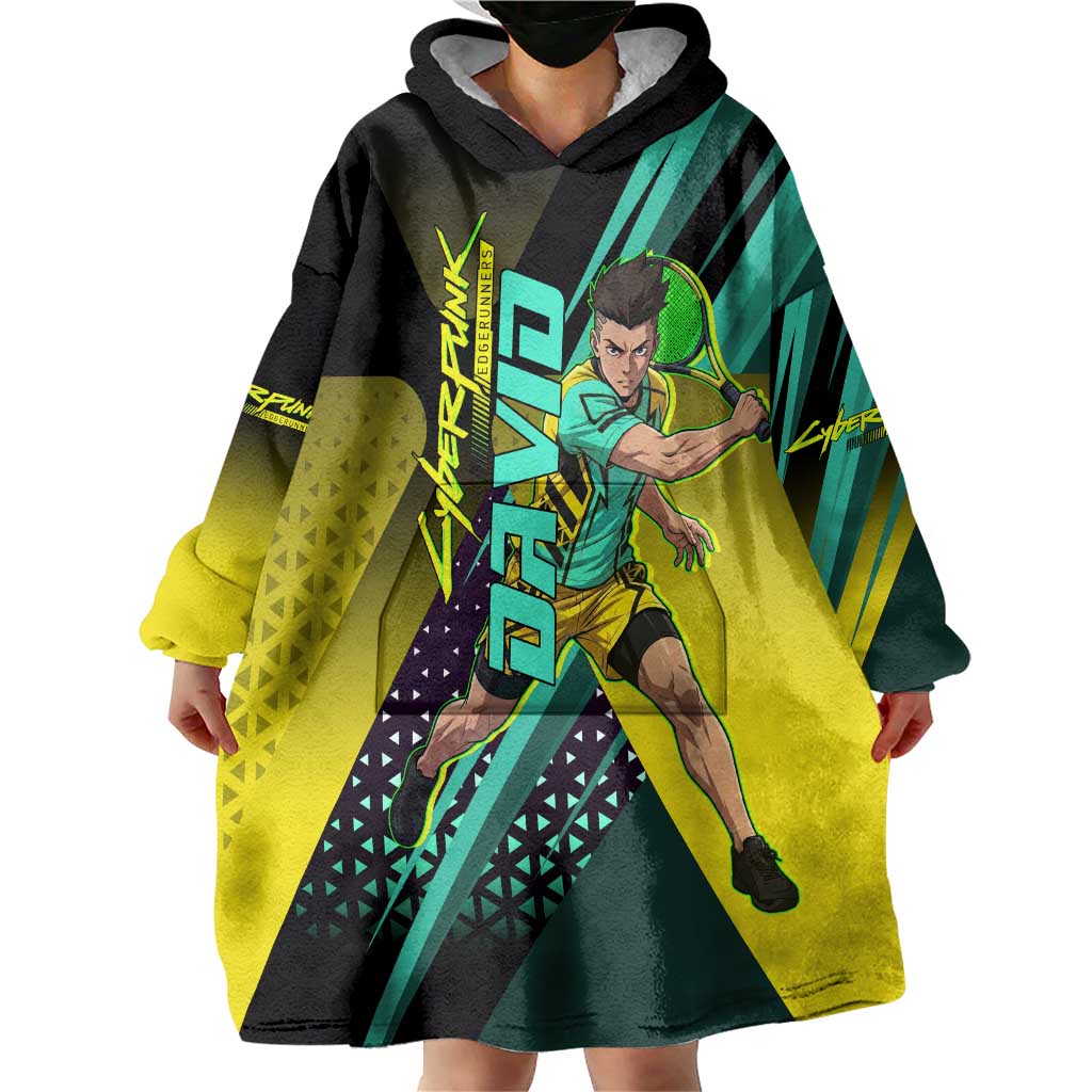 Personalized David Tennis Design Wearable Blanket Hoodie with a Cyberpunk Theme, Edgerunners Features Neon Green and Yellow Styling and a Powerful Pose