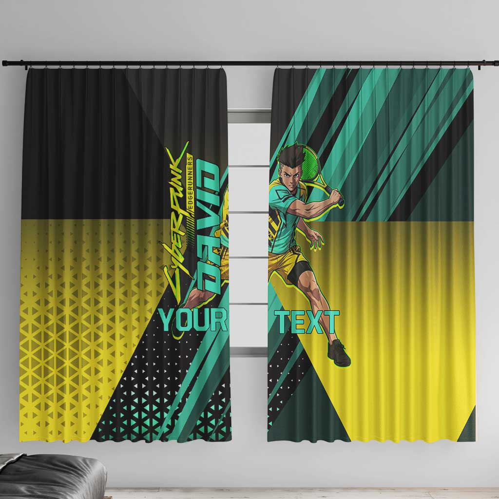 Personalized David Tennis Design Window Curtain with a Cyberpunk Theme, Edgerunners Features Neon Green and Yellow Styling and a Powerful Pose