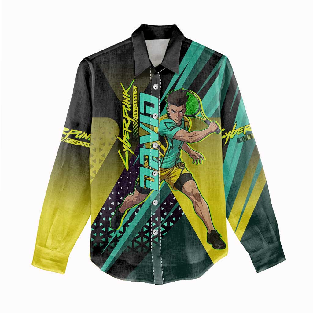 Personalized David Tennis Design Women Casual Shirt with a Cyberpunk Theme, Edgerunners Features Neon Green and Yellow Styling and a Powerful Pose