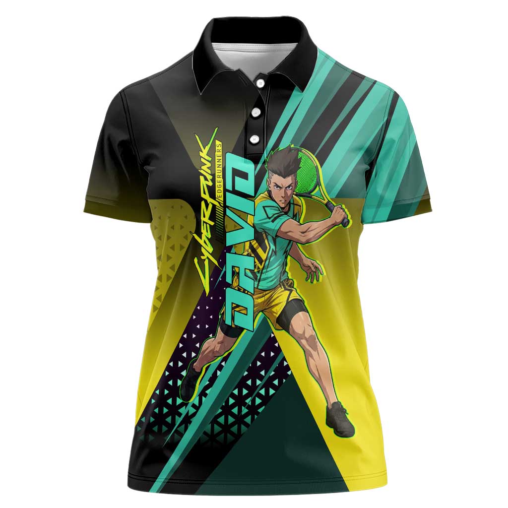 Personalized David Tennis Design Women Polo Shirt with a Cyberpunk Theme, Edgerunners Features Neon Green and Yellow Styling and a Powerful Pose