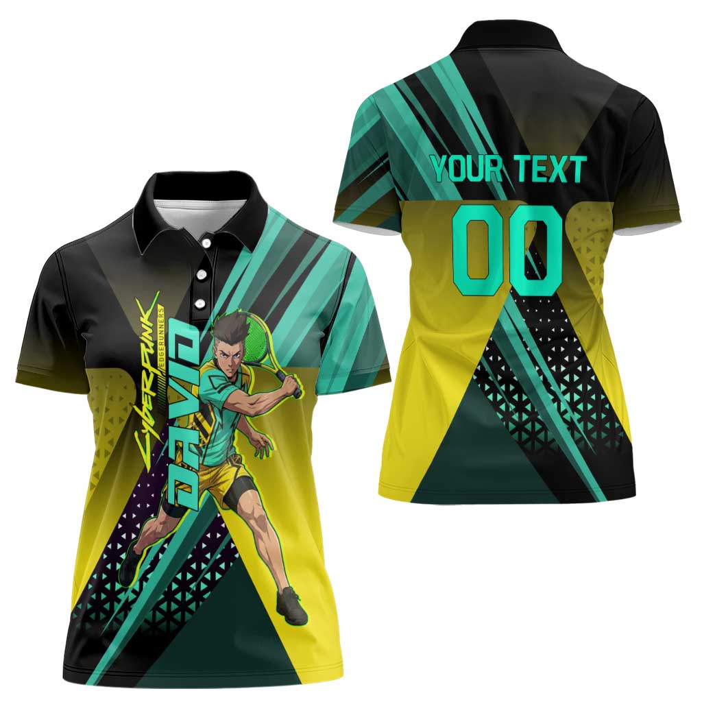 Personalized David Tennis Design Women Polo Shirt with a Cyberpunk Theme, Edgerunners Features Neon Green and Yellow Styling and a Powerful Pose