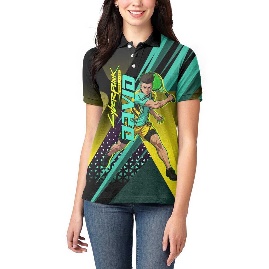 Personalized David Tennis Design Women Polo Shirt with a Cyberpunk Theme, Edgerunners Features Neon Green and Yellow Styling and a Powerful Pose