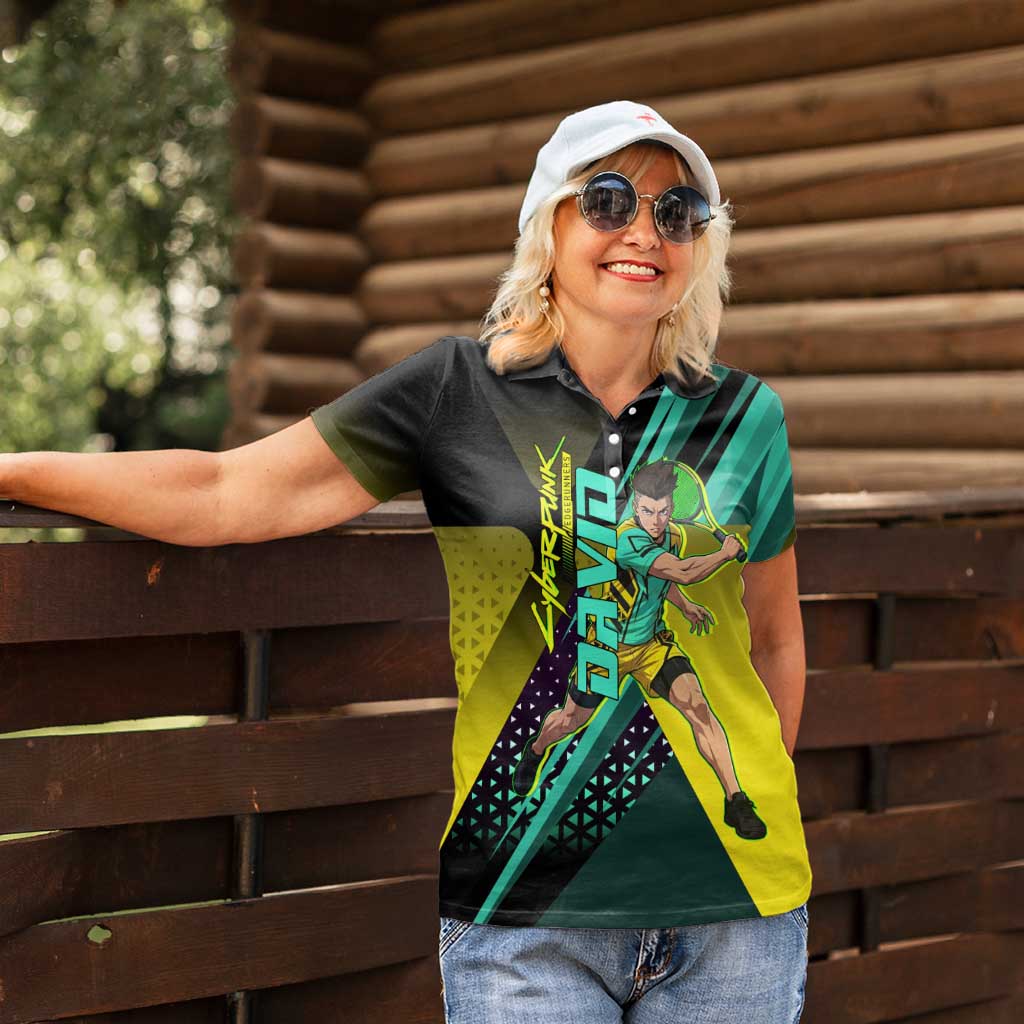 Personalized David Tennis Design Women Polo Shirt with a Cyberpunk Theme, Edgerunners Features Neon Green and Yellow Styling and a Powerful Pose