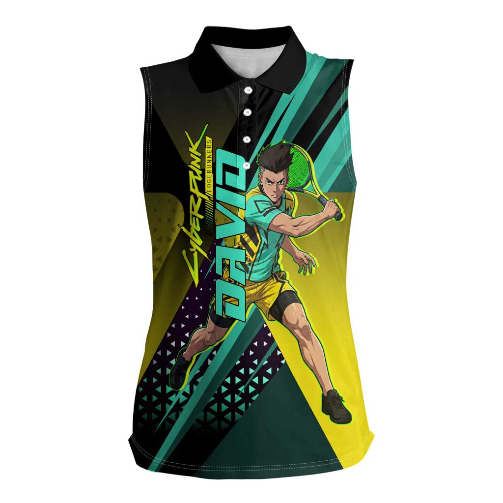 Personalized David Tennis Design Women Sleeveless Polo Shirt with a Cyberpunk Theme, Edgerunners Features Neon Green and Yellow Styling and a Powerful Pose